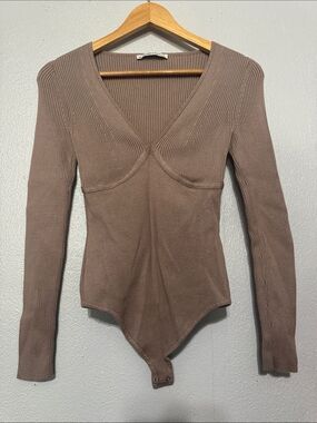 Abercrombie & Fitch Taupe Mauve Mixed Knit Ribbed Long Sleeve Bodysuit Small